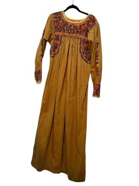 Mexican Oaxaca Vintage mustard heavily embroidered florals tunic maxi dress L